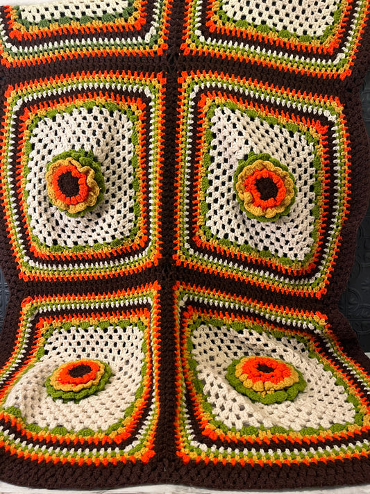 Orange Green Brown Afghan with Flowers