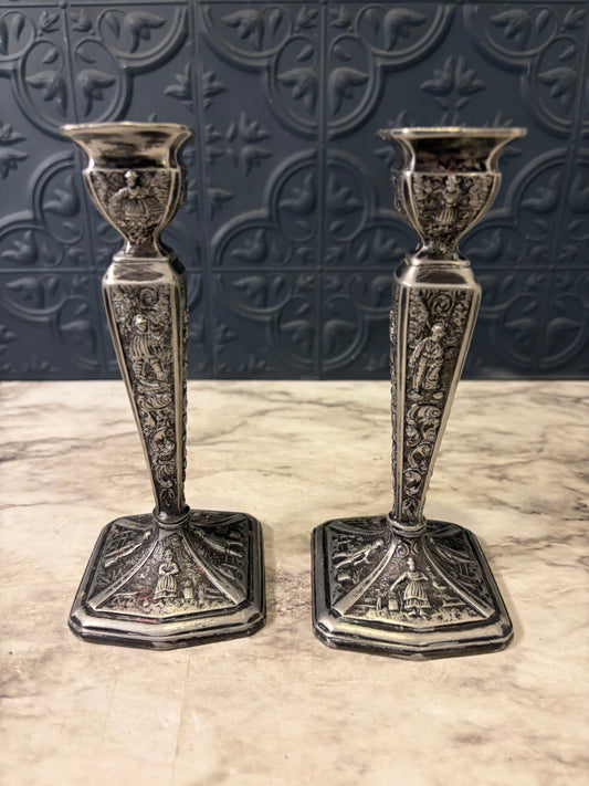 Jennings Bros Silver Plate Dutch Scene Set of 2 Candle Holders