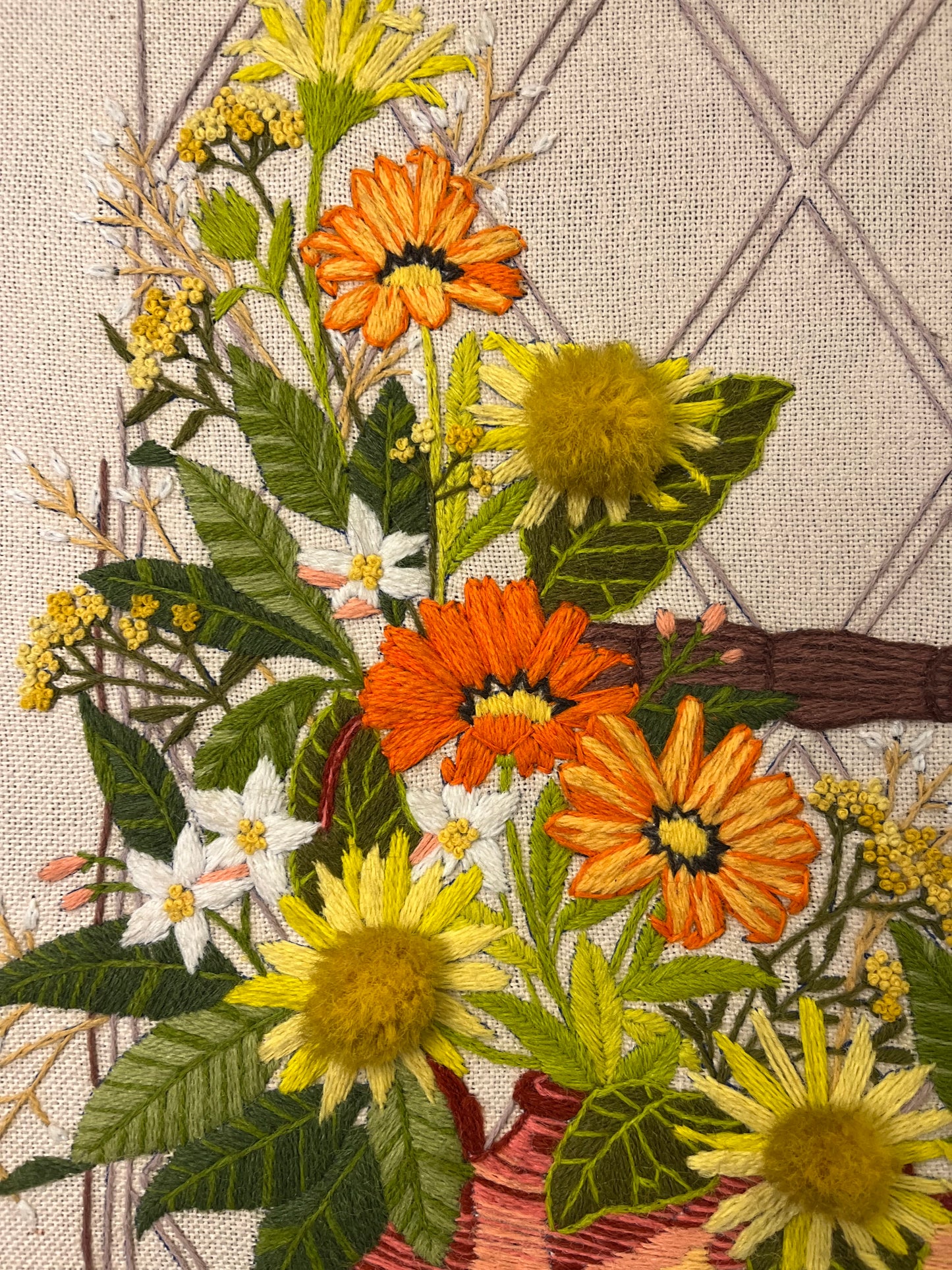 Crewel of Copper Kettle and Flowers