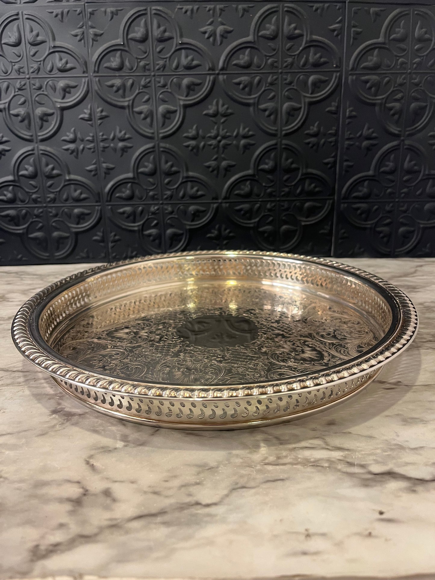 Etched Silver Plate Serving Tray Round 12"