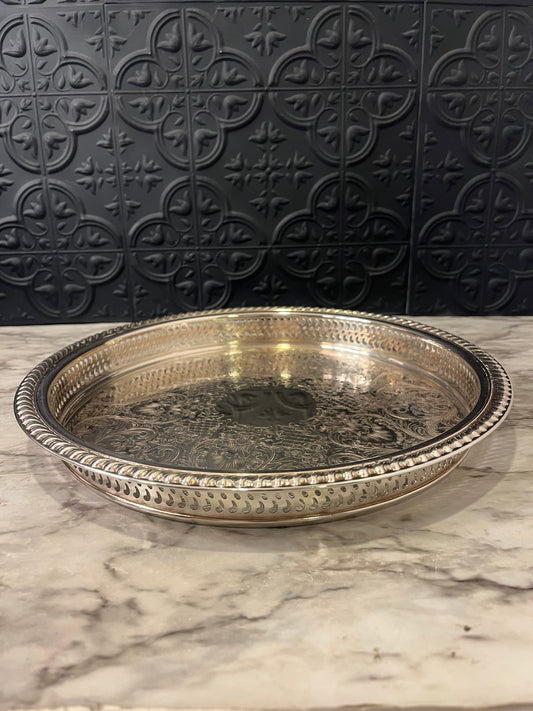 Etched Silver Plate Serving Tray Round 12"