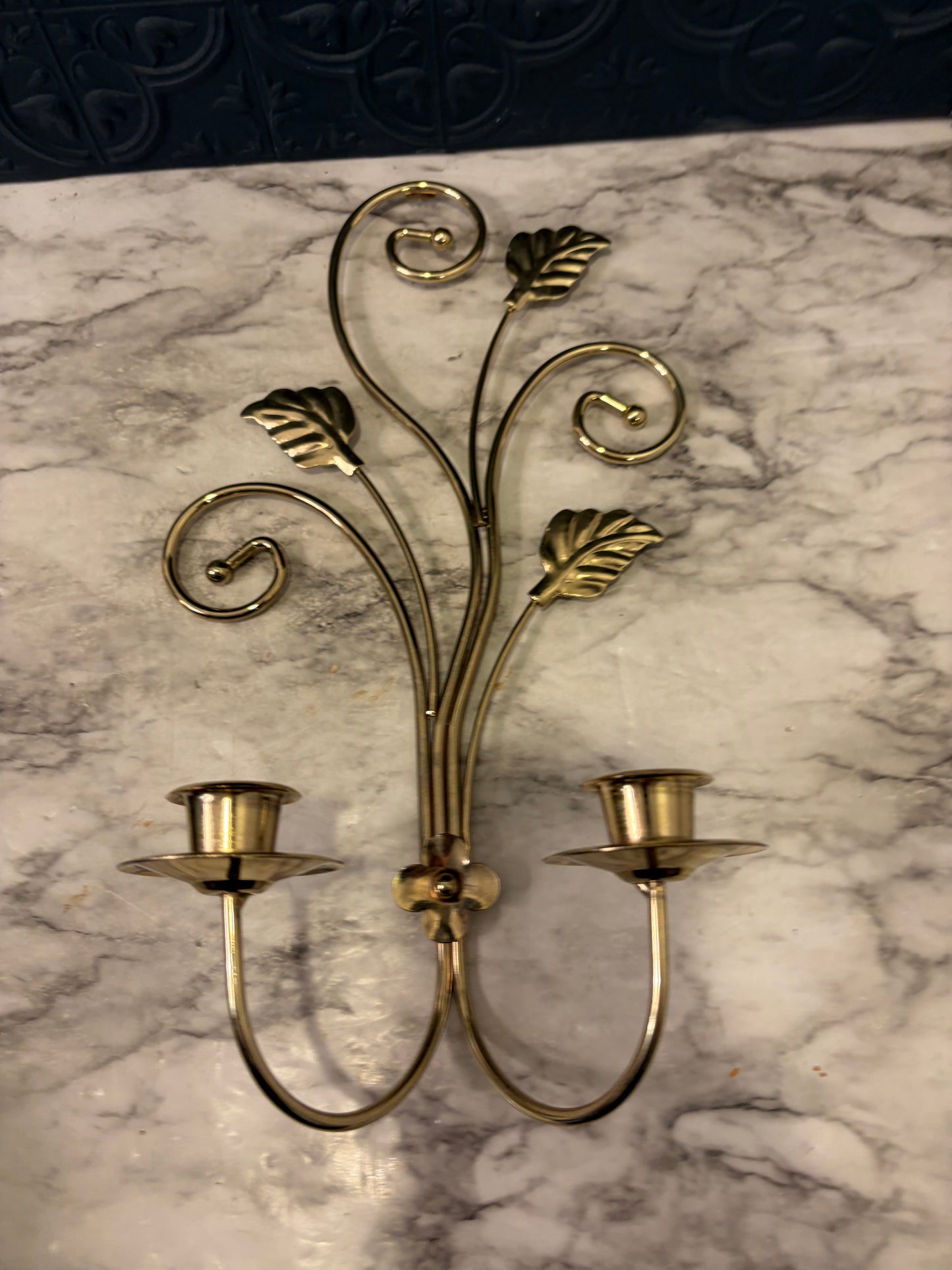 Squiggle Brass Wire Double Candle Sconce with Leaves