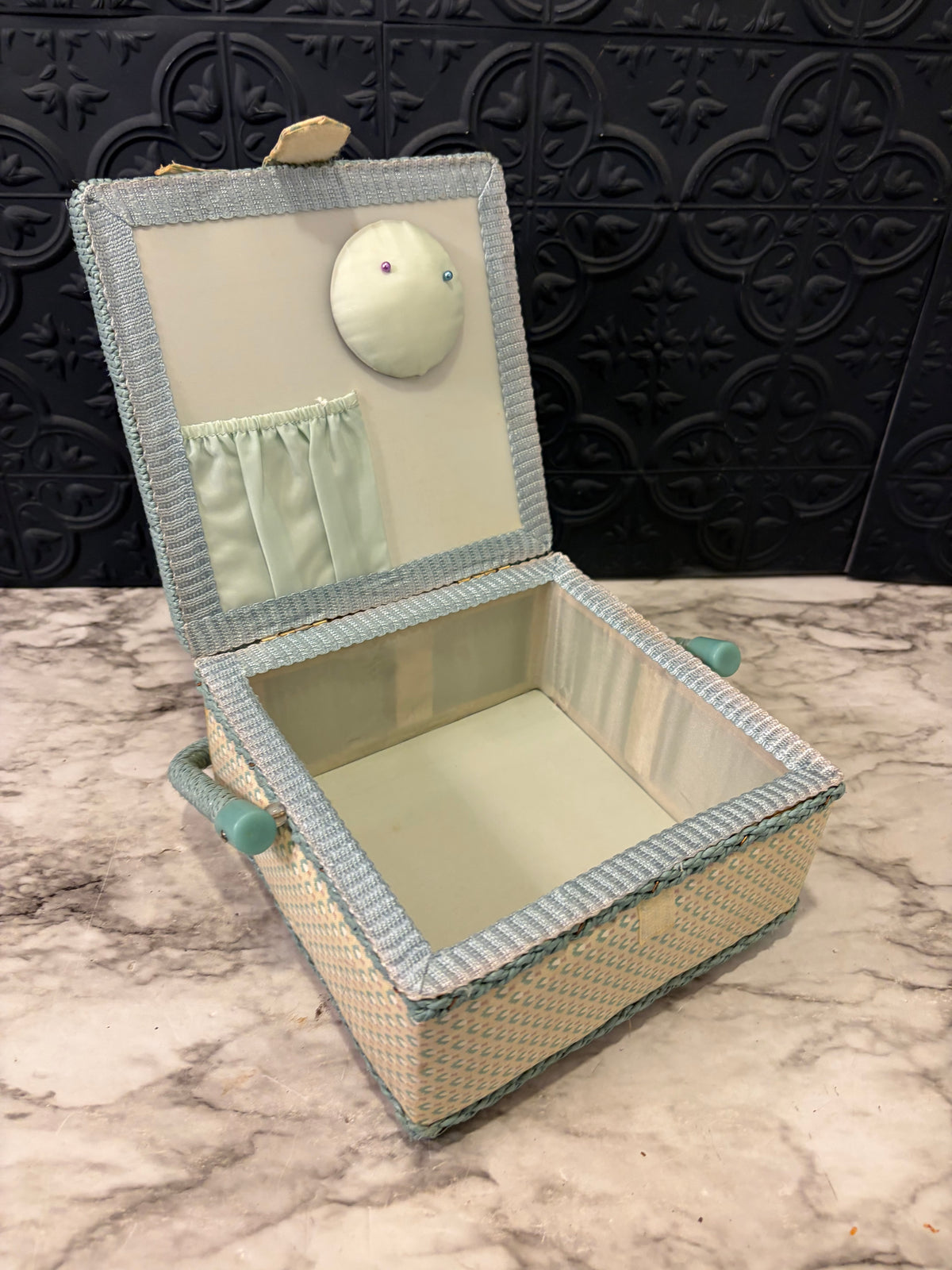 Cream and Blue Square Sewing Box