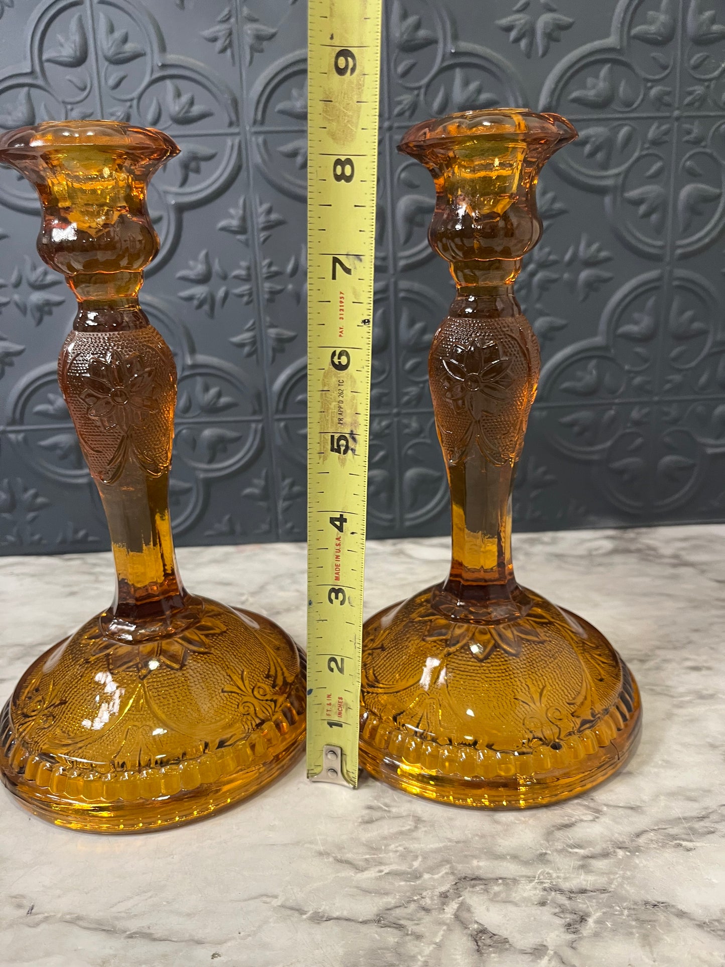 Amber Tiara Indiana Glass Candle Holders x2