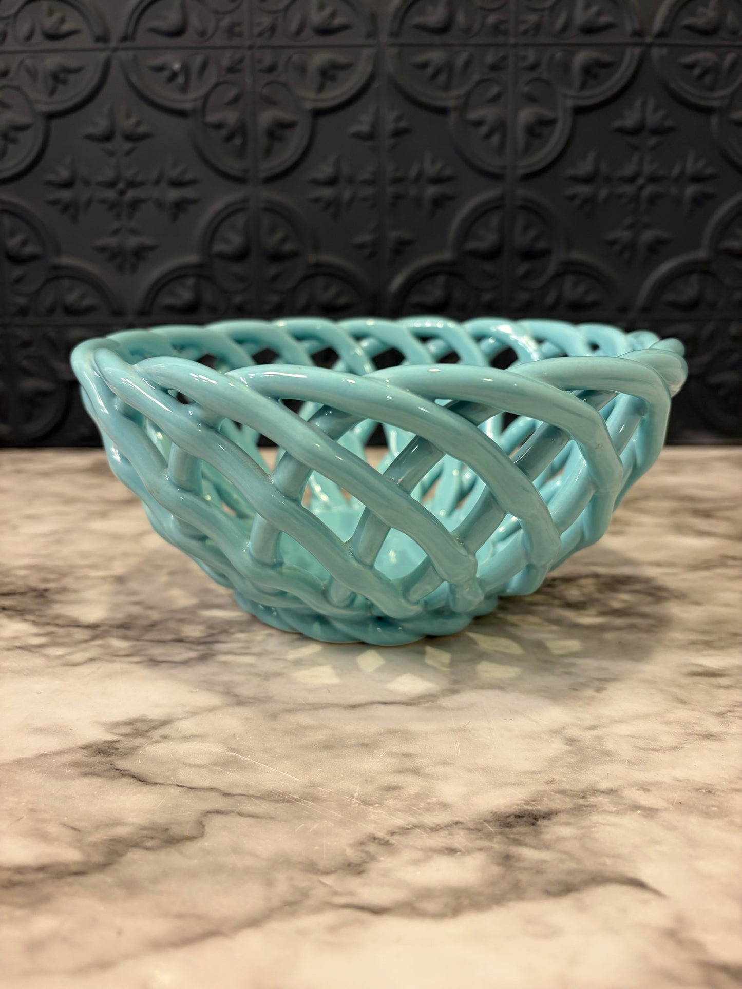 Aqua Ceramic Open Weave Bowl