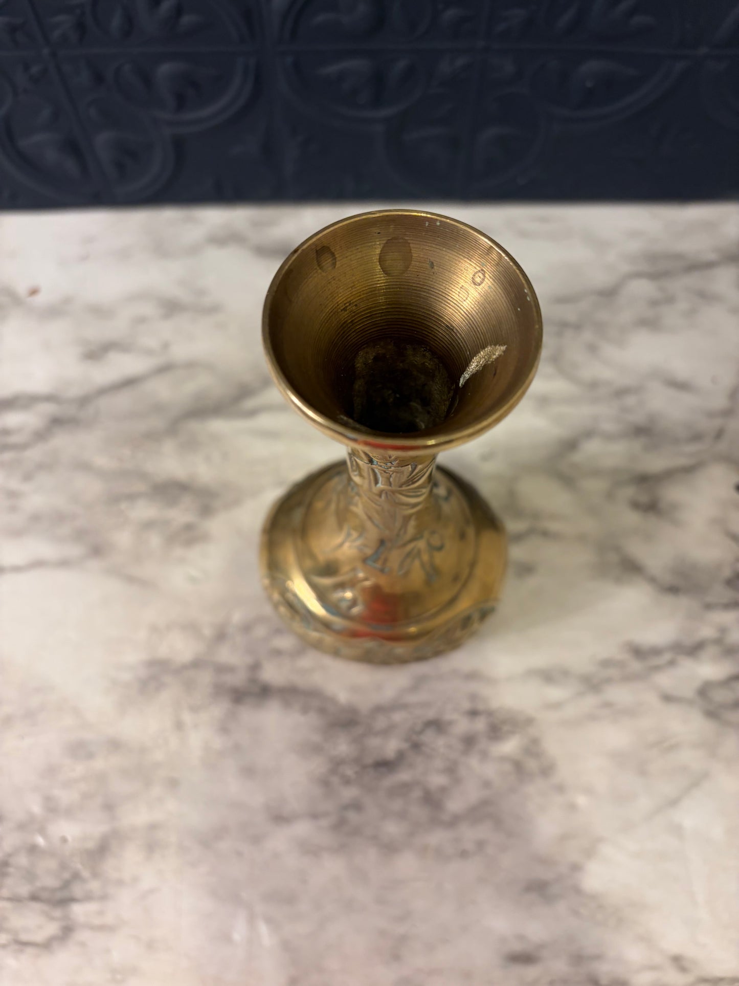 Japanese Brass Etched Vase with Phoenix and Bamboo