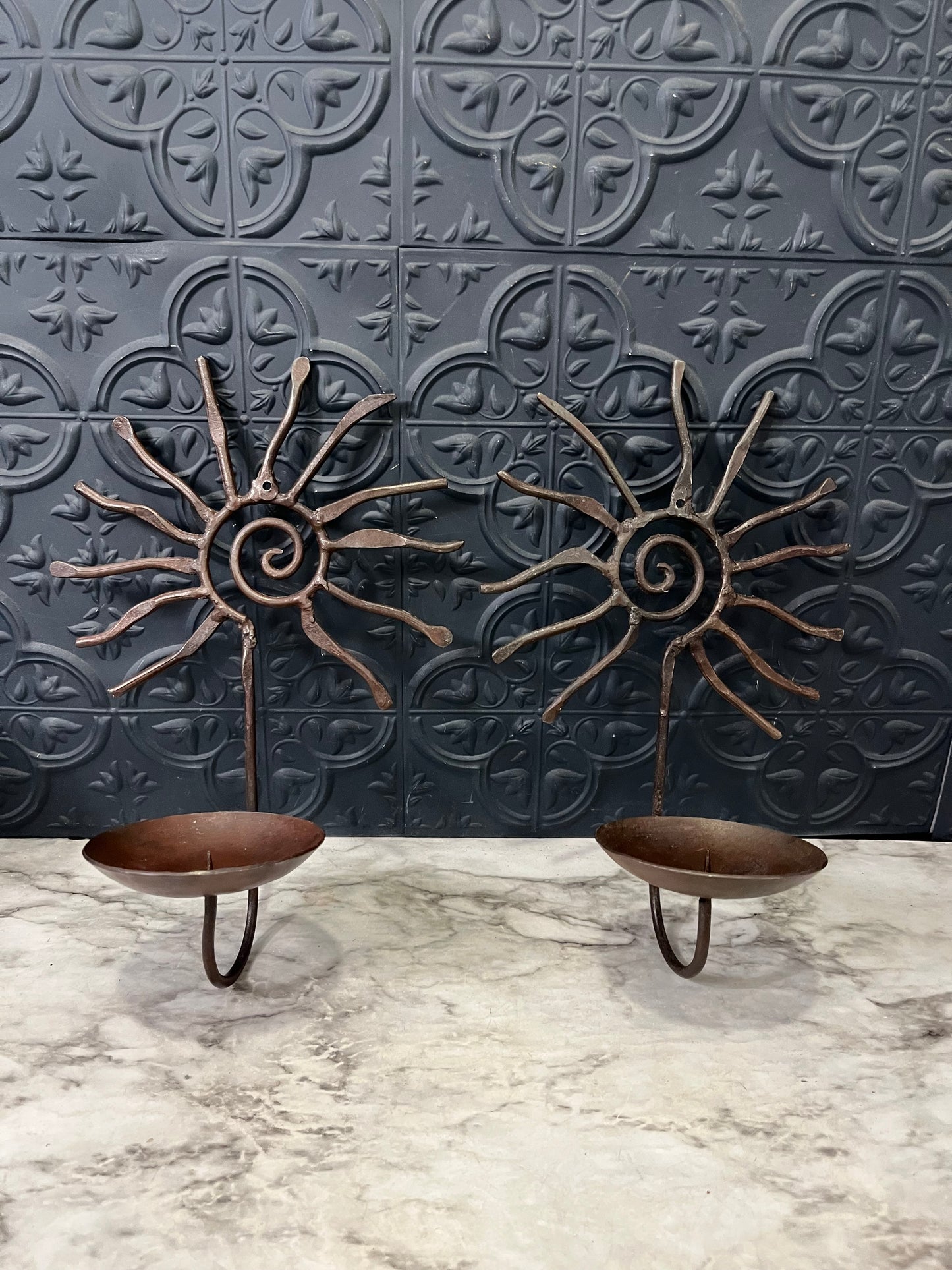 Vintage Pier One Wrought Iron Sun Scroll Sconce Pair
