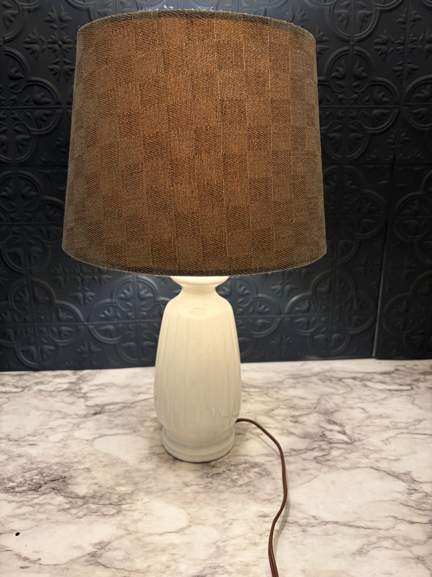 White Ceramic Lamp with Brown Shade