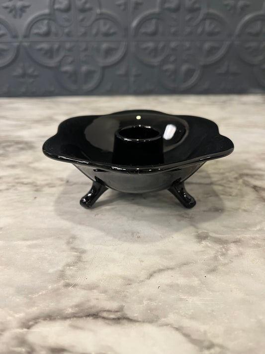 Black Glass Fenton Footed Candle Holder