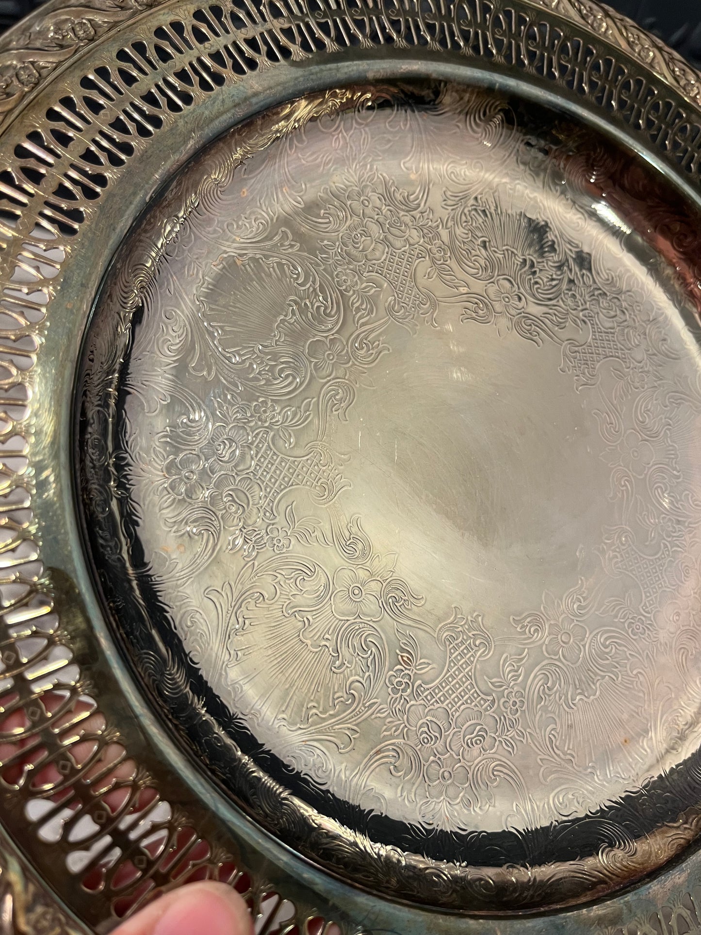 Etched Silver Plate Round Tray with Decorative Rim