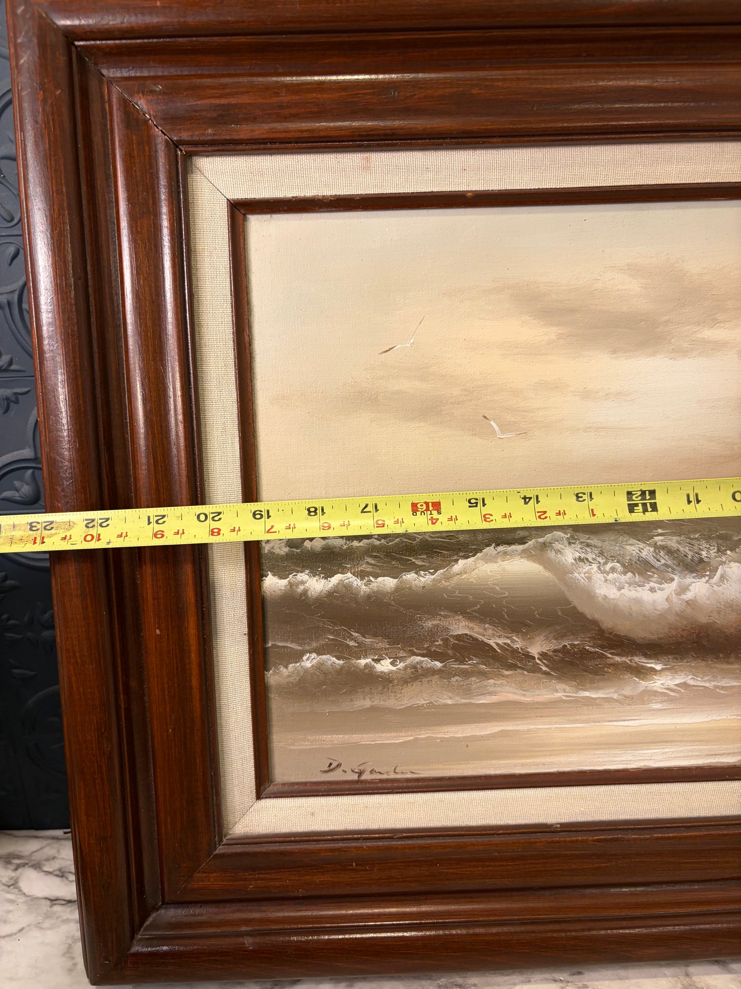 Muted Coastal Oil Painting in Dark Wood Frame