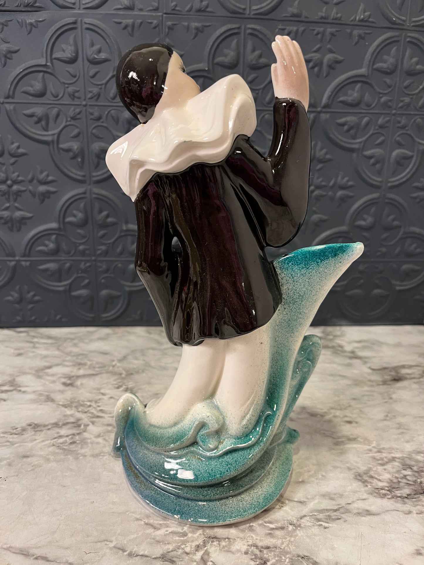 Vintage Black and white Mime Statue with Green floral