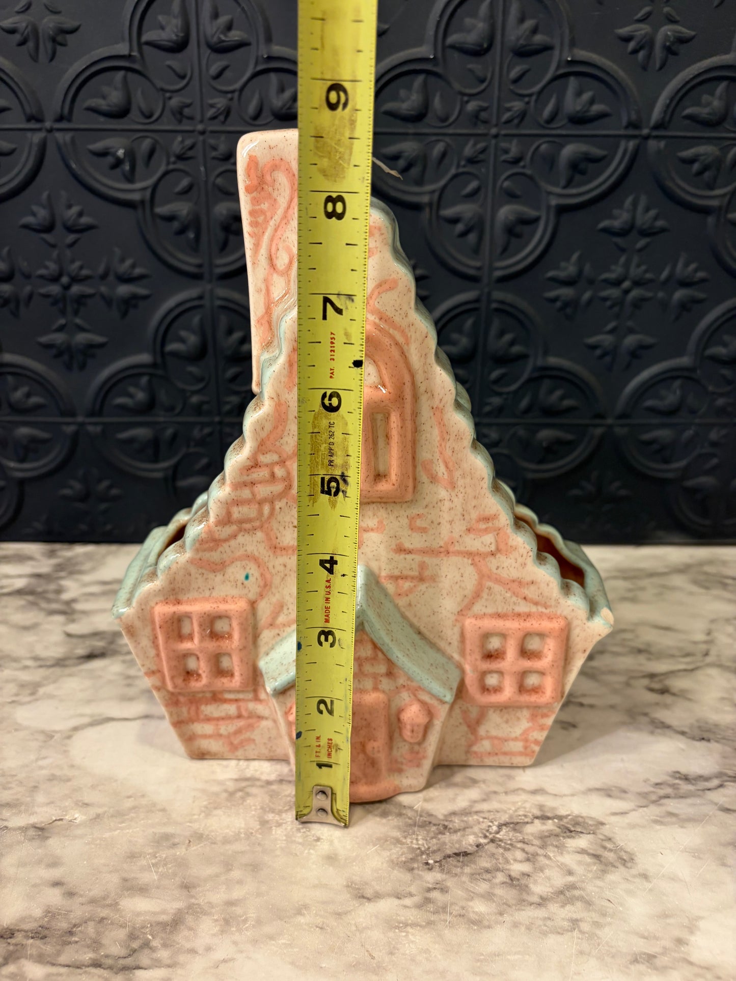 Vintage Ceramic House Planter Green and Pink