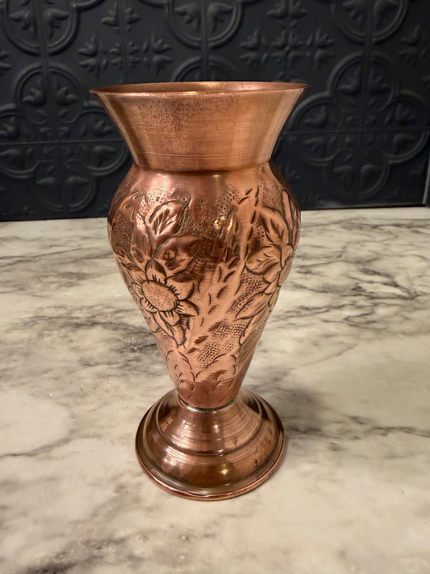Floral Embossed Copper Vase
