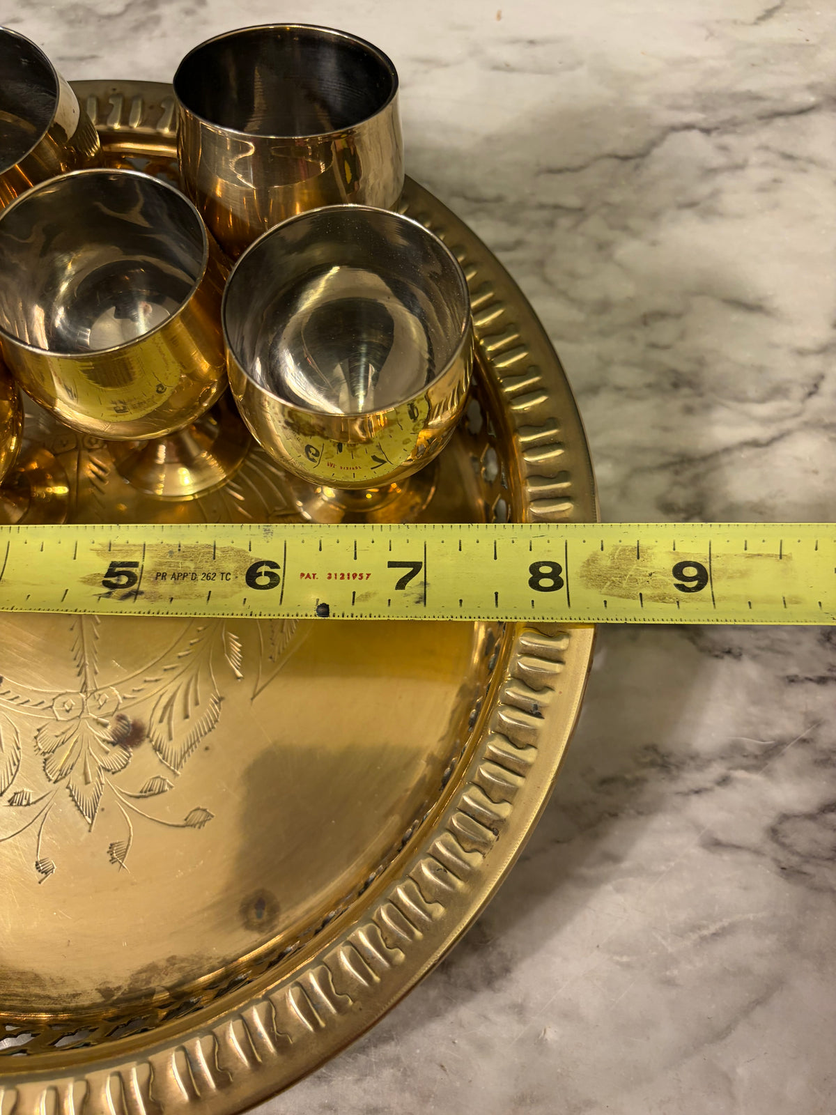 Etched Brass Tray with 6 Mini Brass Goblets
