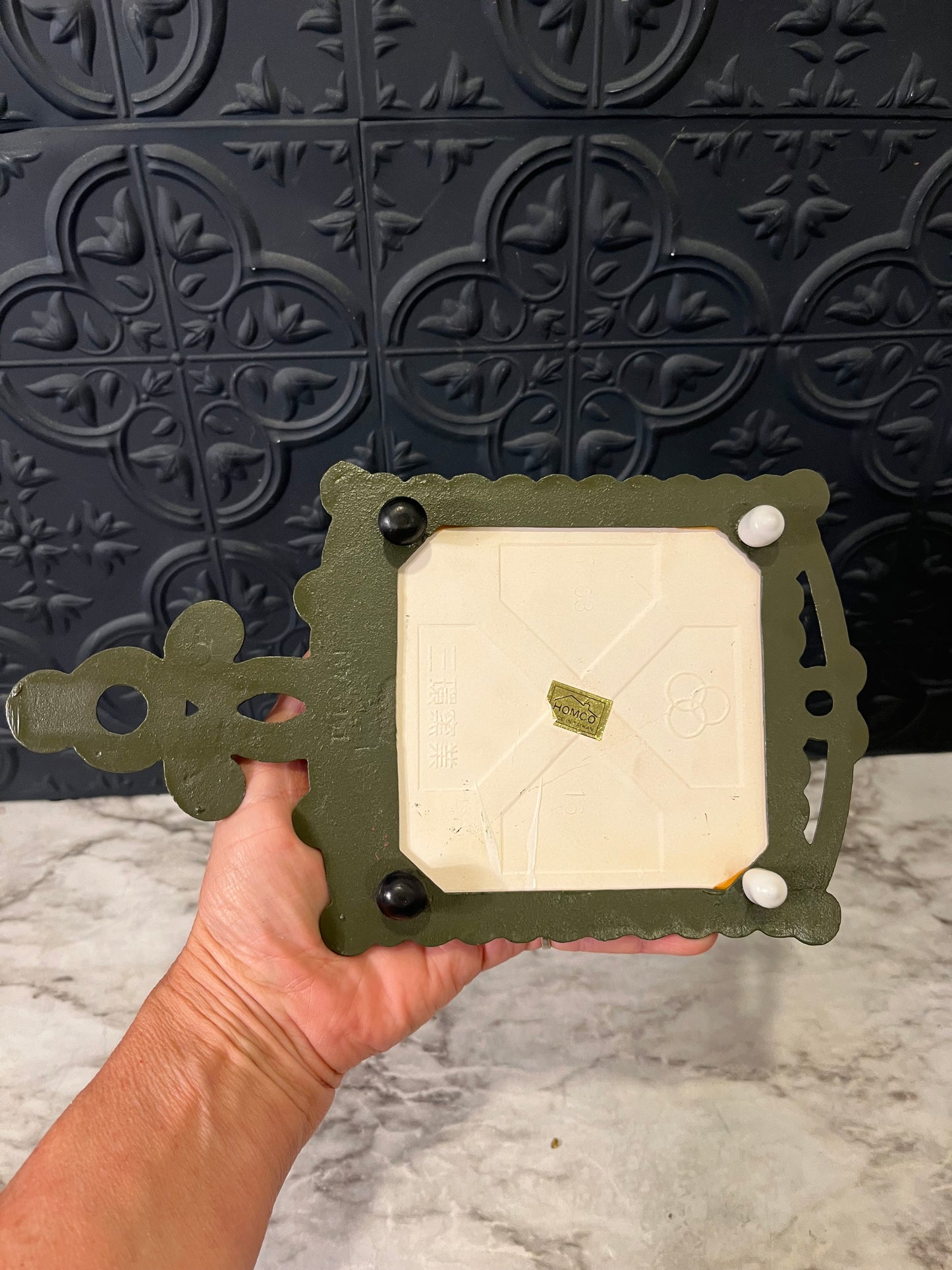 Vintage Green Mushroom Tile Trivet with Cast Iron