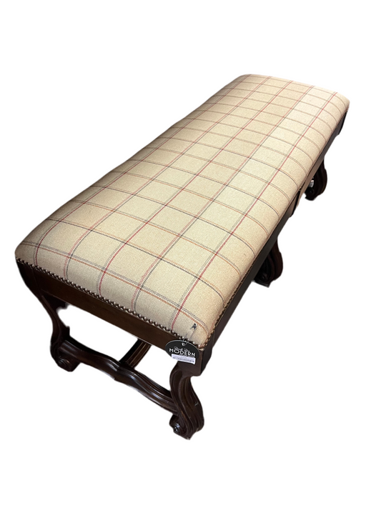 Carved Wood 4ft Bench with Fabric Seat