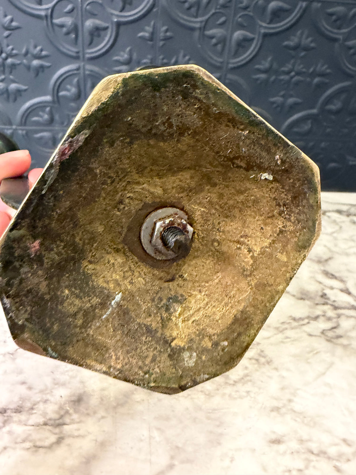 Triple Patina Candle Holder with Small Vase in Middle