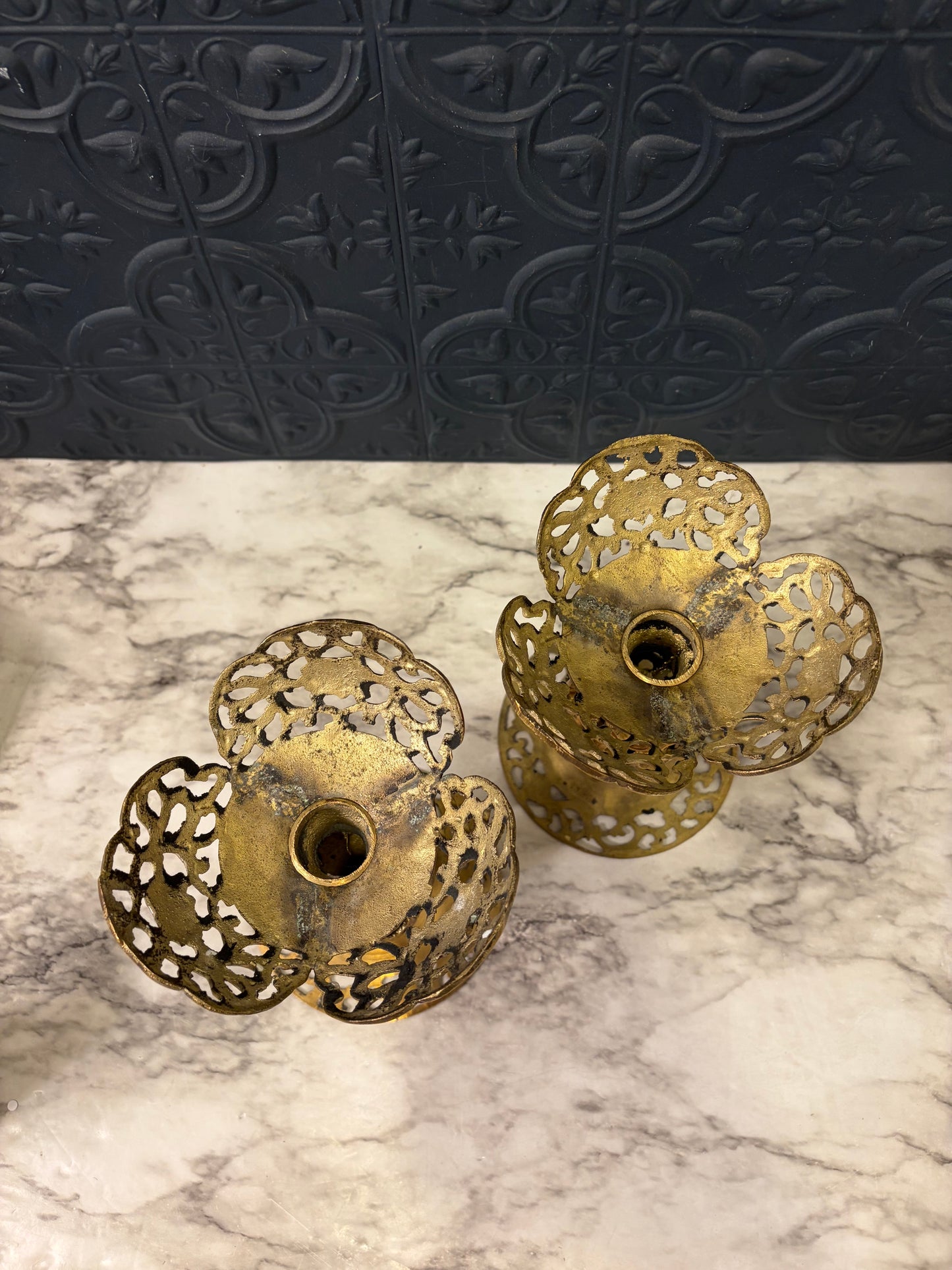 Cast Brass Ornate Candle Holder Set of 2