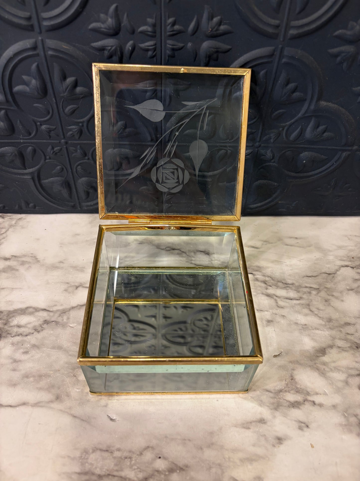 Square Etched Glass and Brass mirrored box