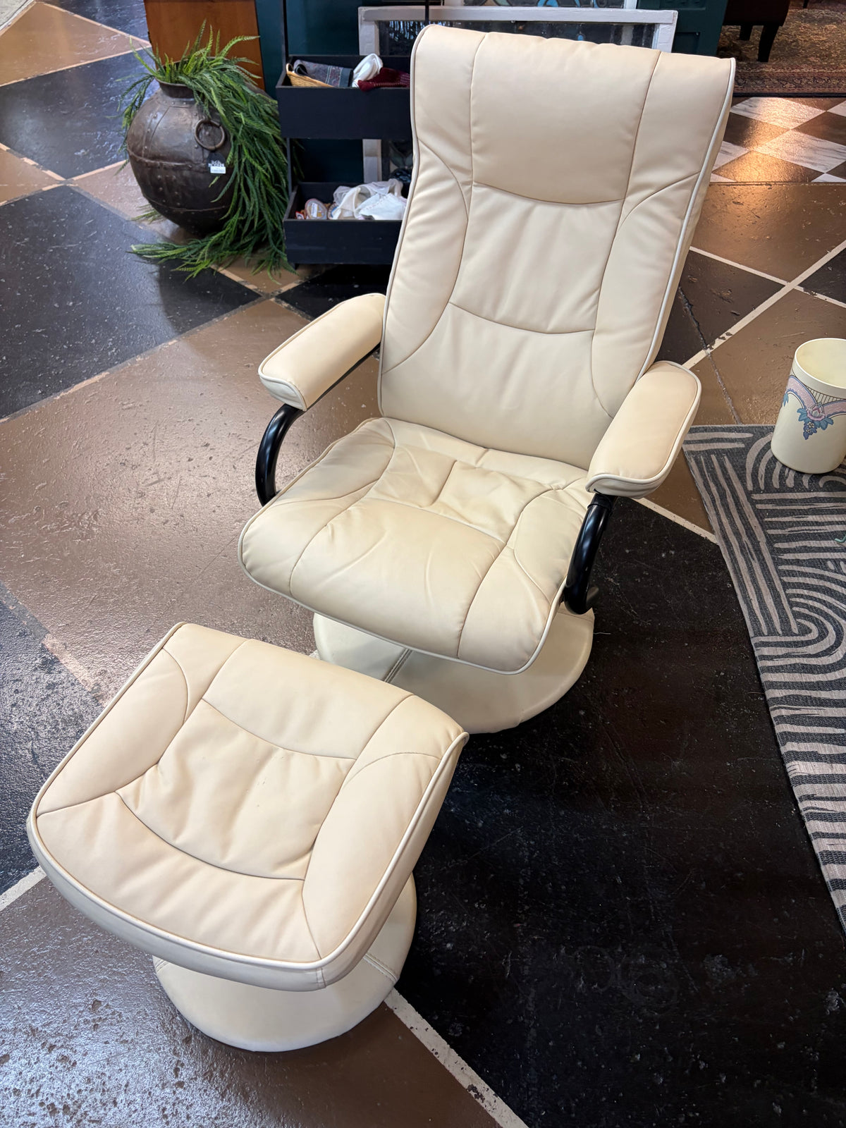 Cream Poang Chair with Footstool Black Metal