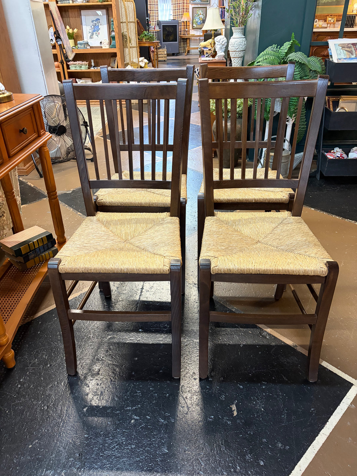 Set of 4 Dark Spindle Back Dining Chairs with Woven Seat