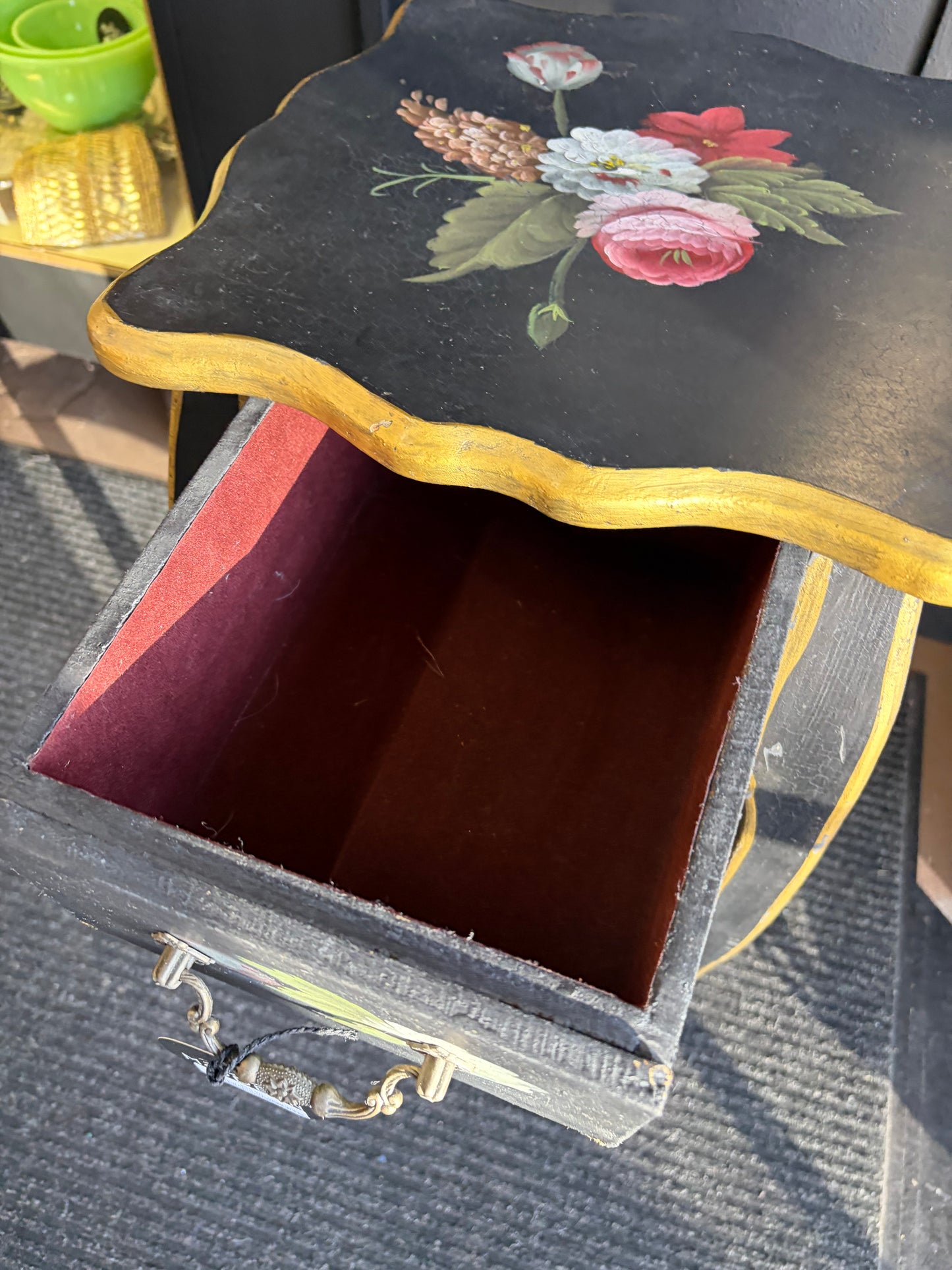 Black and Gold Tall Table with Handpainted Flowers