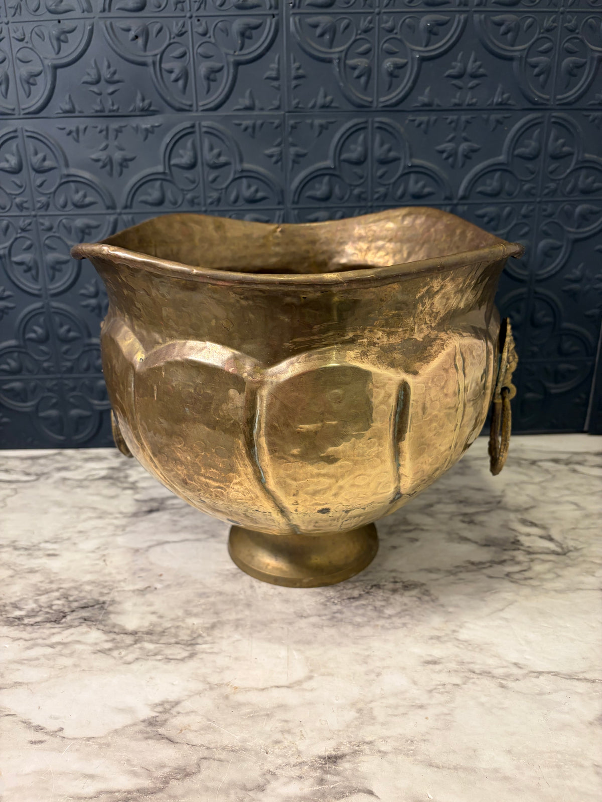Large Brass Planter with Lion Head Handles
