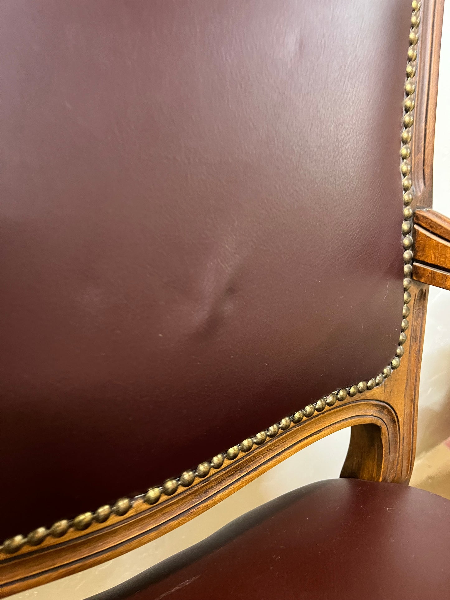 Maroon Faux Leather Carved Wood Arm Chair