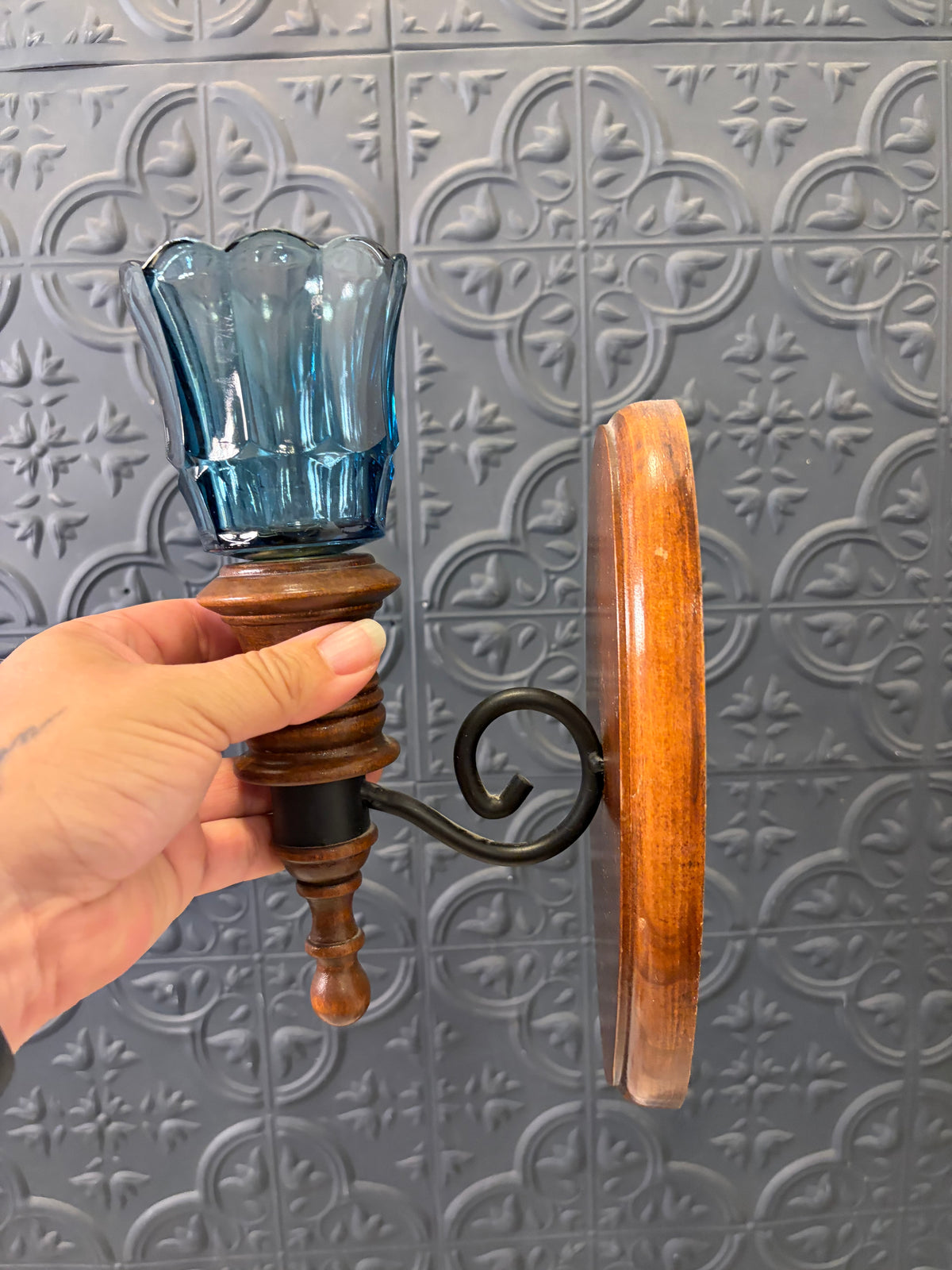 Wood Candle Sconces with Blue Votive Cups x2