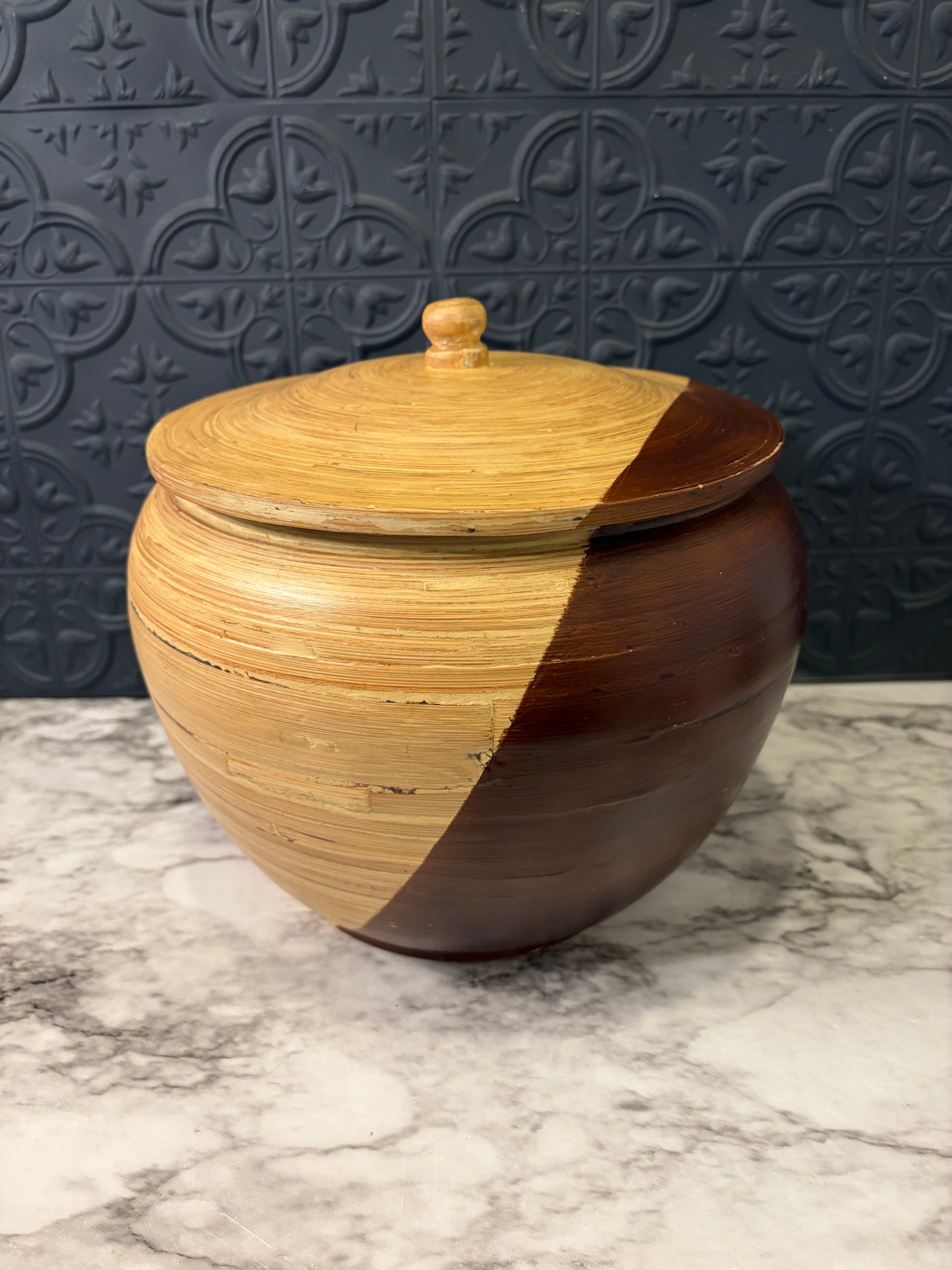Hand Spun Bamboo Two Tone Round Canister