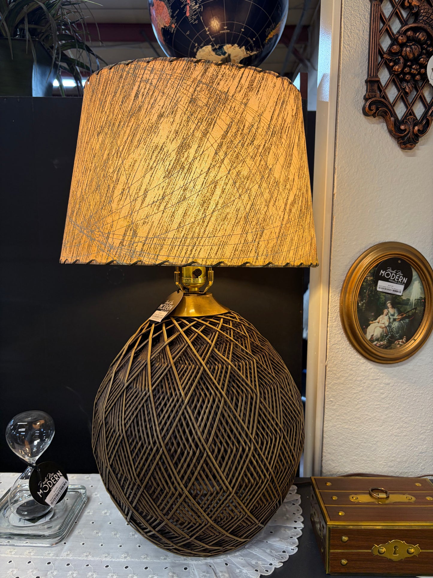 1970 Woven Wicker Geometric Shape Lamp