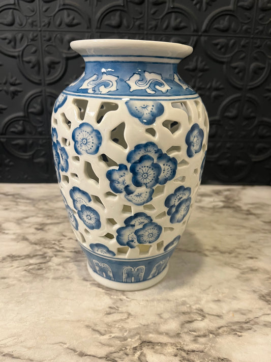 Blue and White Vase with Cutouts