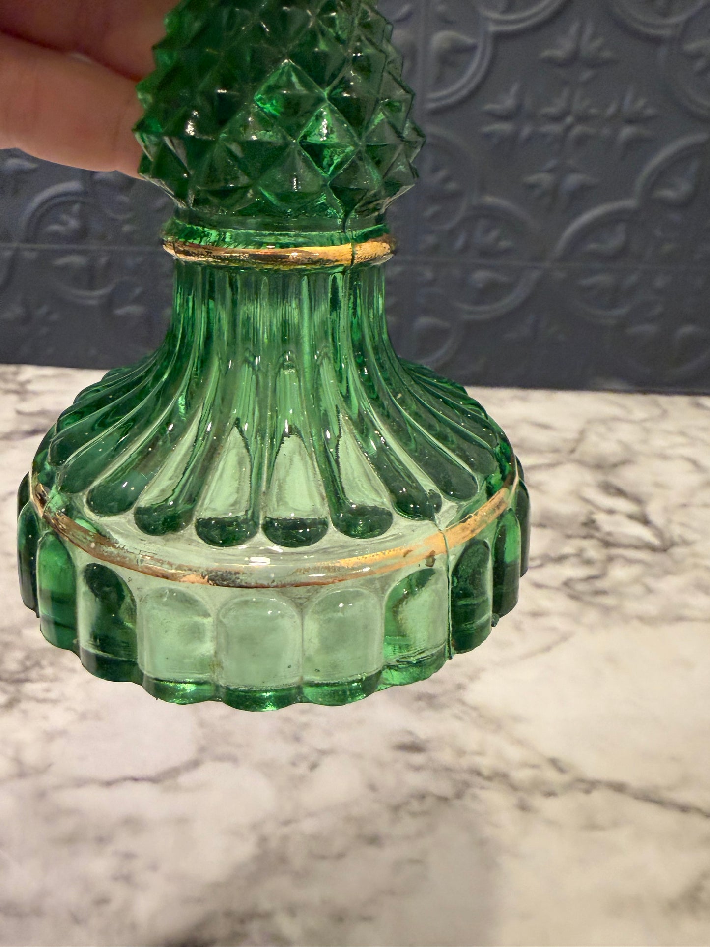 Green Glass Diamond Candle Holder with Gold Trim