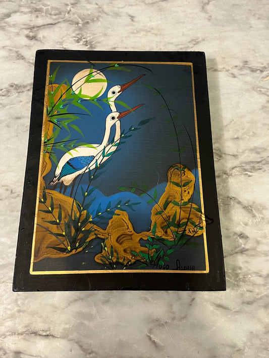 Vintage Stork Painting on Wood by Hugo Alcala