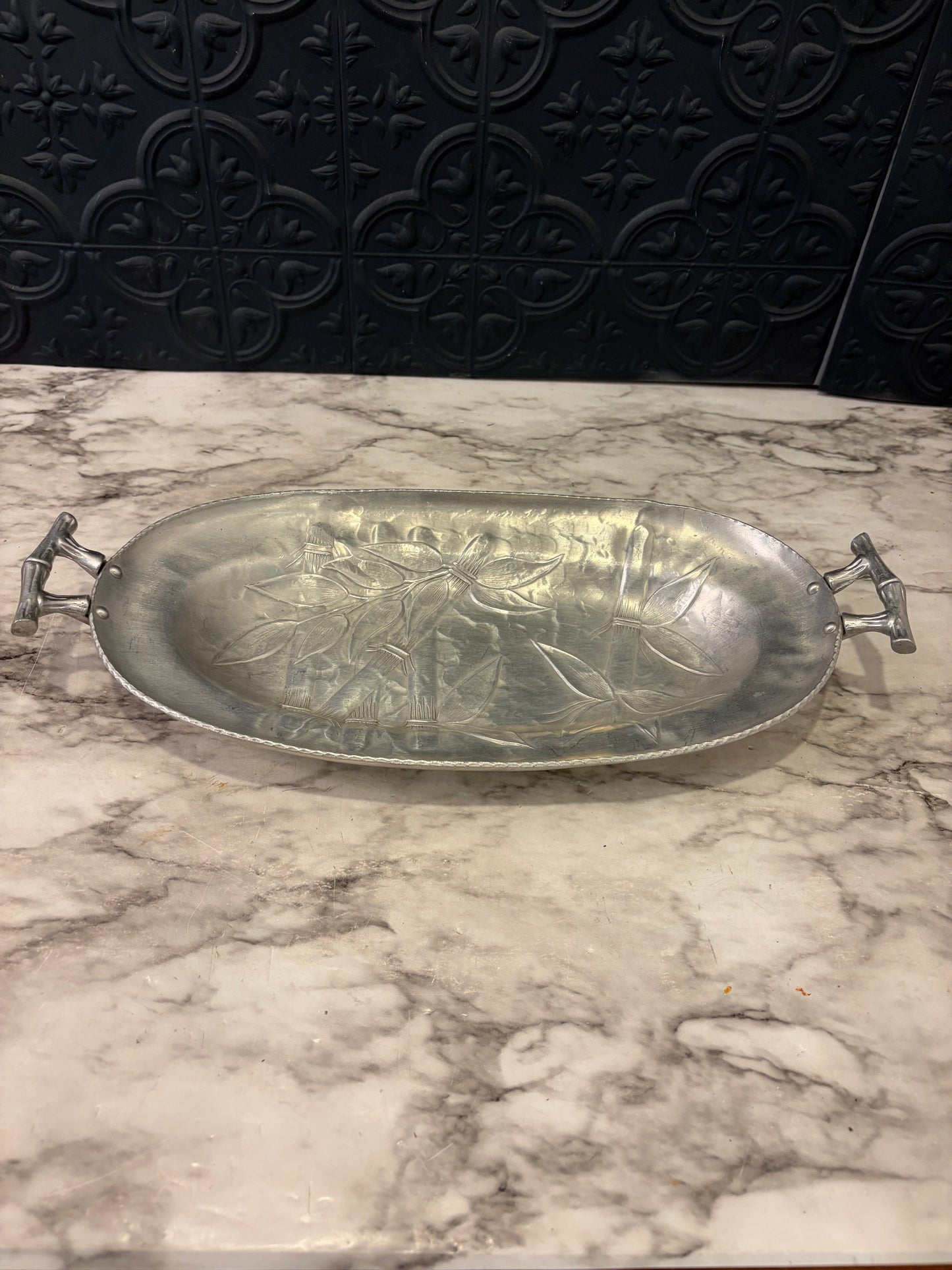Aluminum Oval Bamboo Tray Mid Century