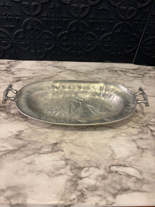 Aluminum Oval Bamboo Tray Mid Century