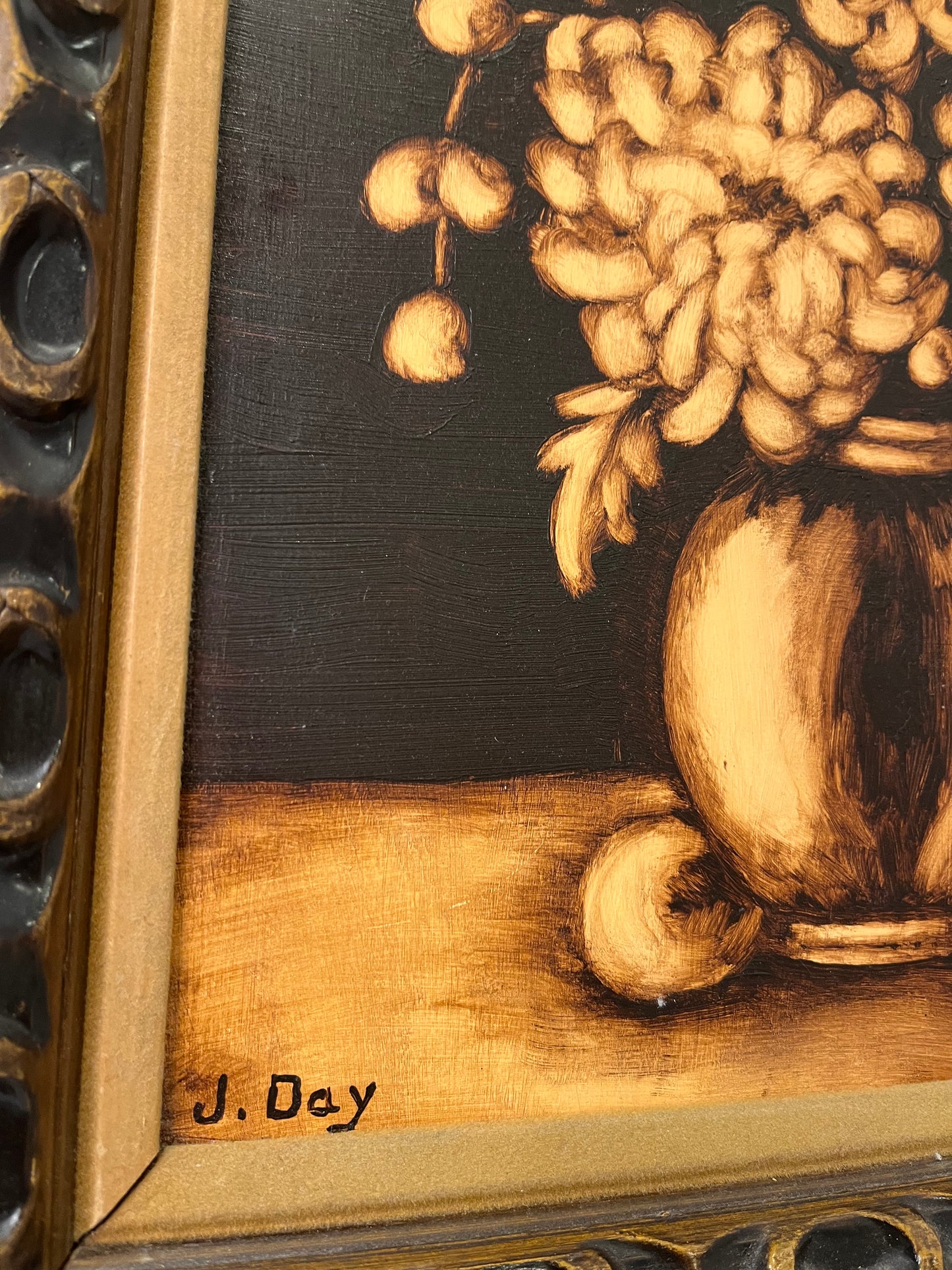 Monocramatic Flowers in Vase on Board Framed