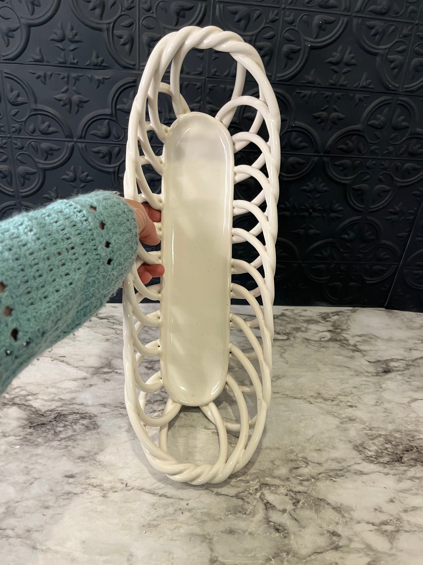 White Ceramic Braided Long Basket