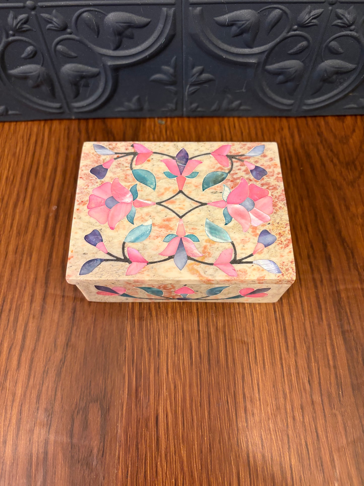 Marble Trinket box with Pink and Blue Inlay