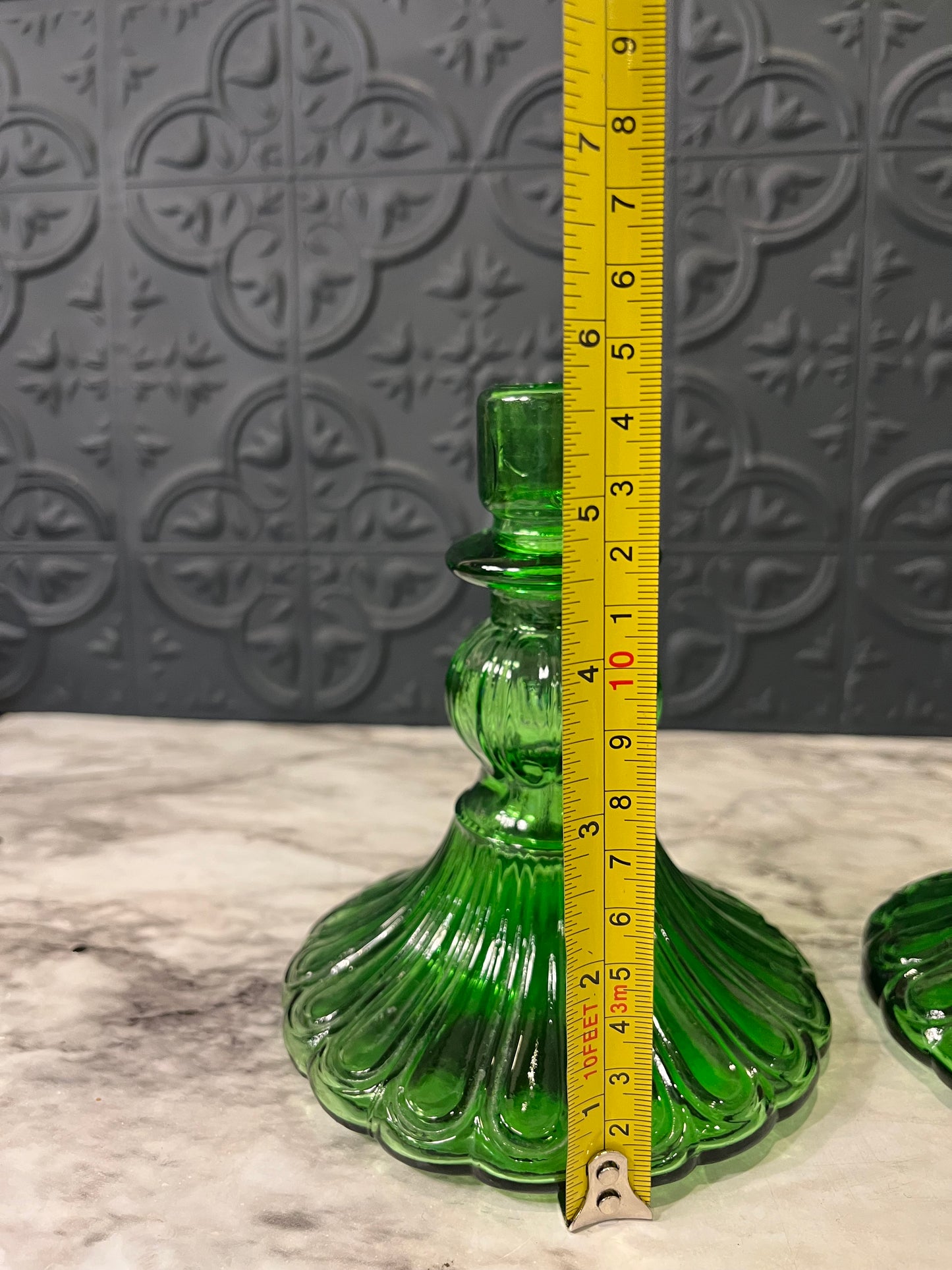 Green Glass Candle Holders x 2