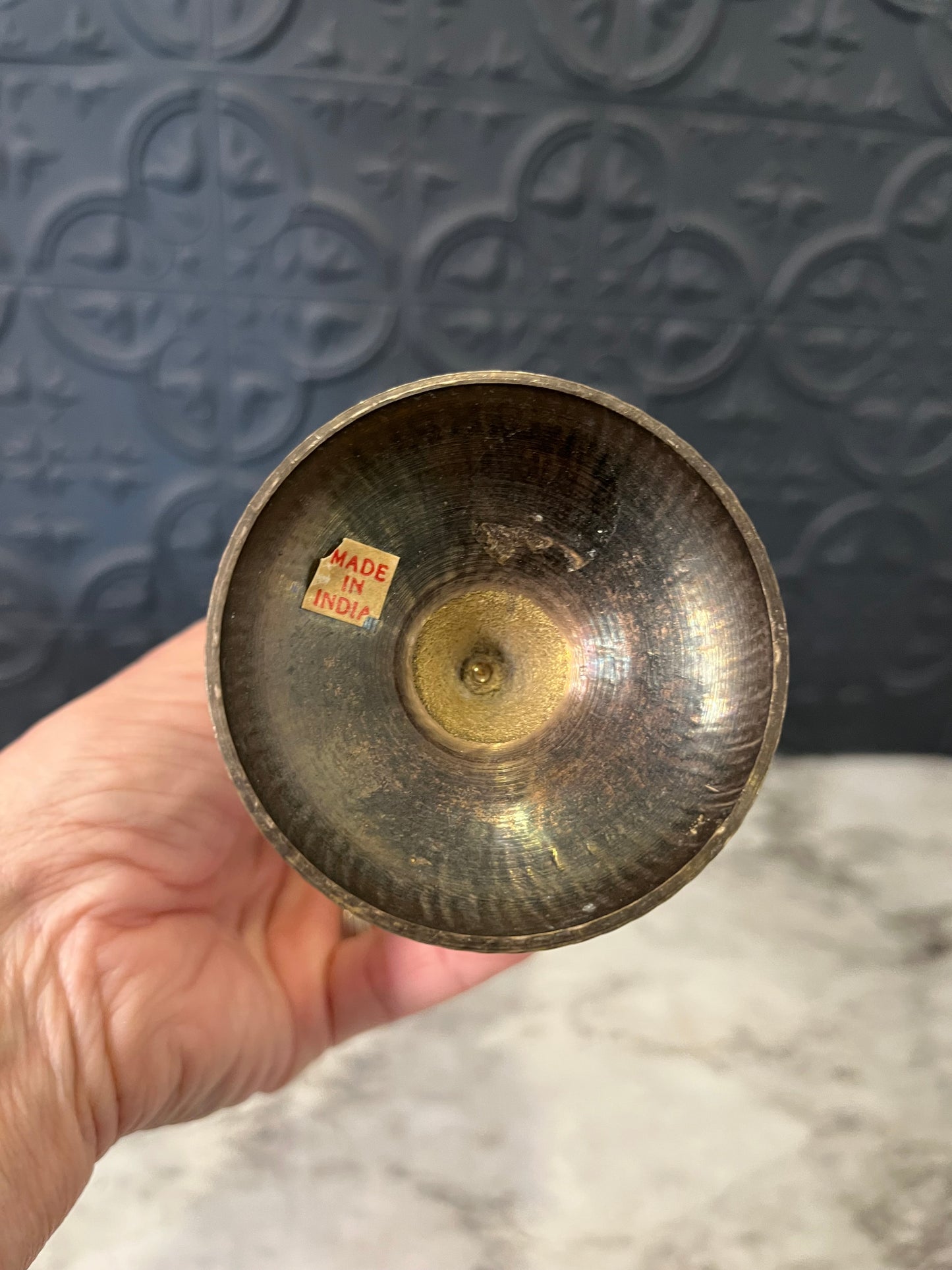 Etched two tone brass vase with ruffle top 7.75"