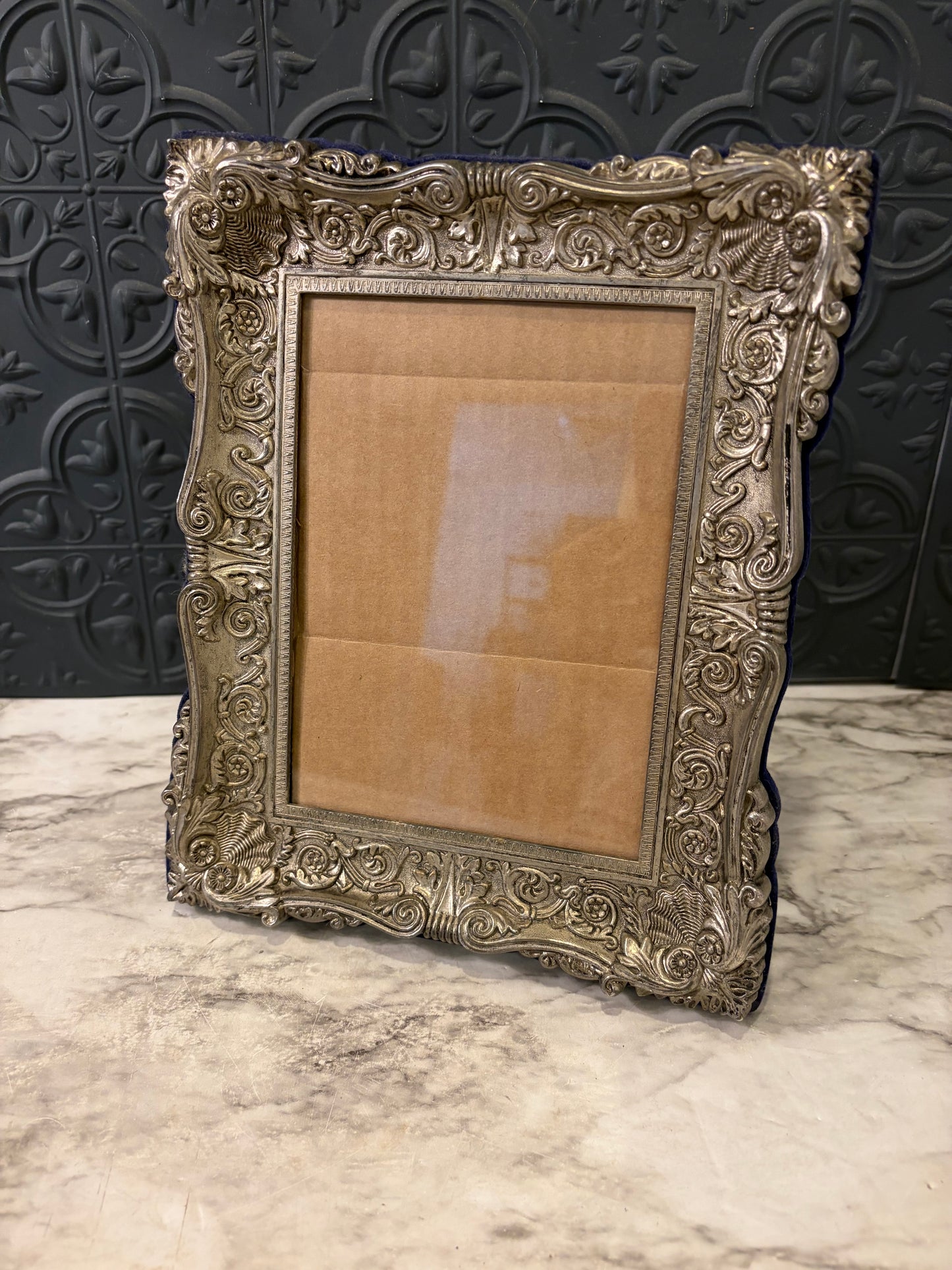 Vintage Ornate Silver tone Frame with Bllue Velvet Back