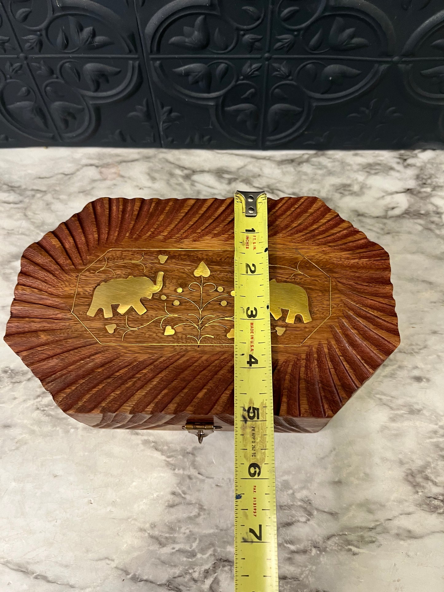 Carved Wooden Jewelry Box with Brass Inlaid Elephants