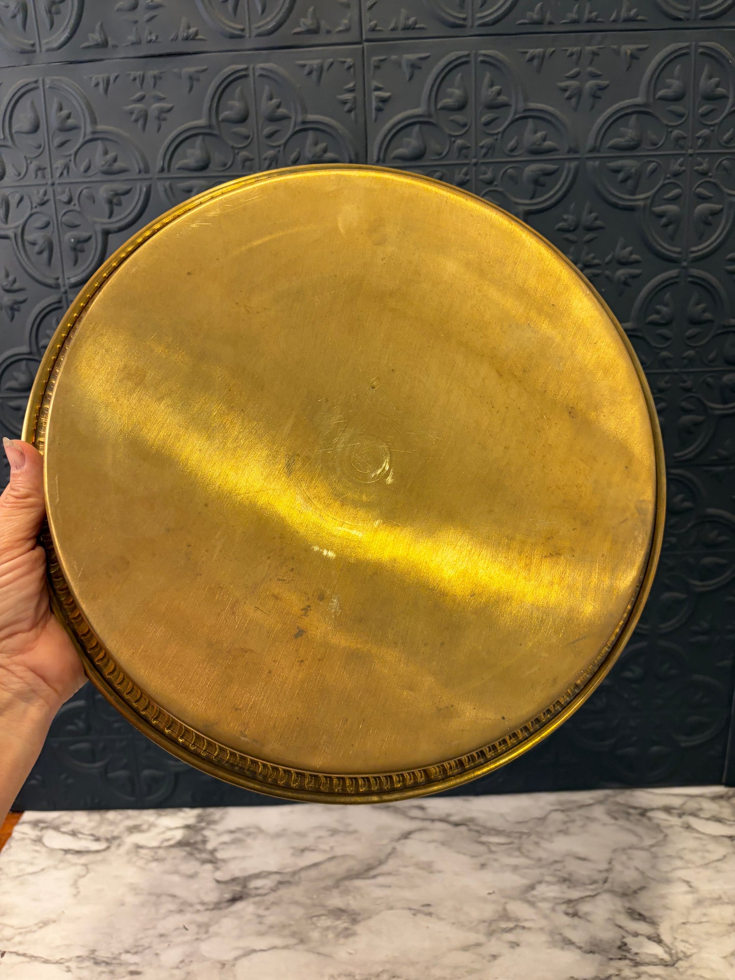 Round Brass Etched Tray with Cutout Rim 12"