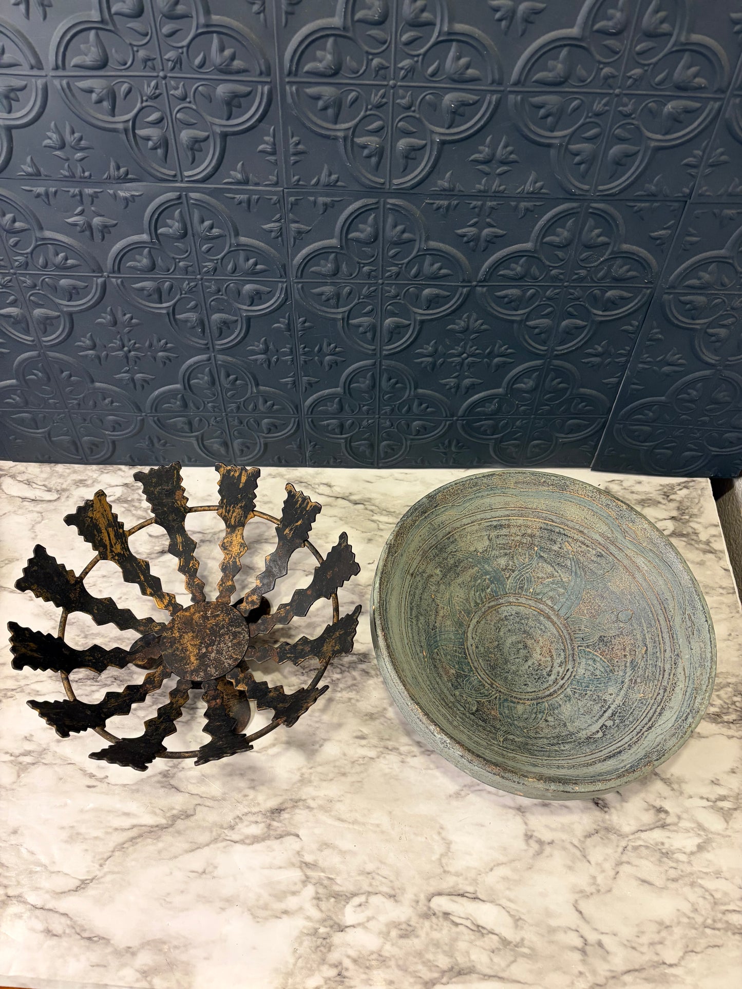 Blue Stone Pottery Bowl in Brutalist Holder