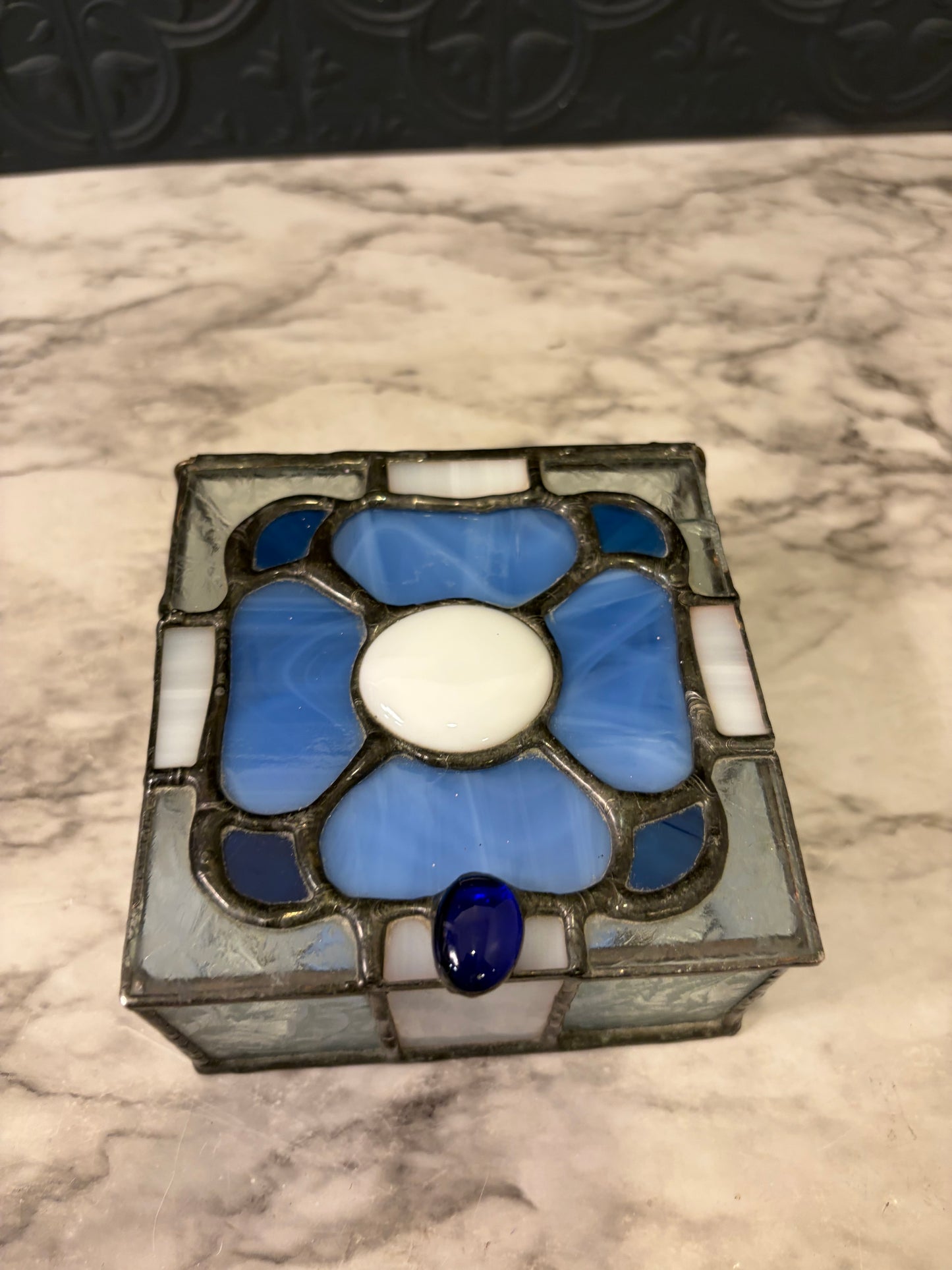 Blue Flower Stained Glass Box AS IS