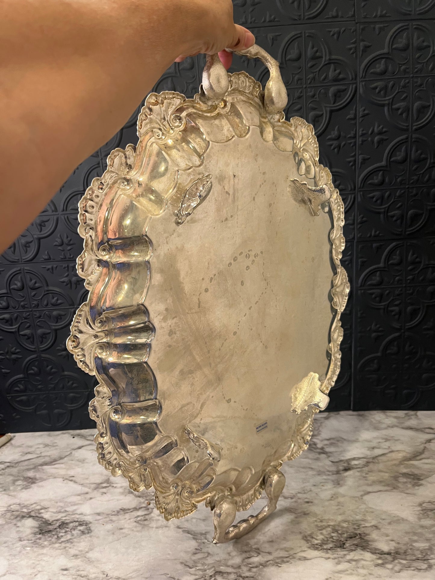Silverplate Oval Scallop edge Etched Footed Serving Tray