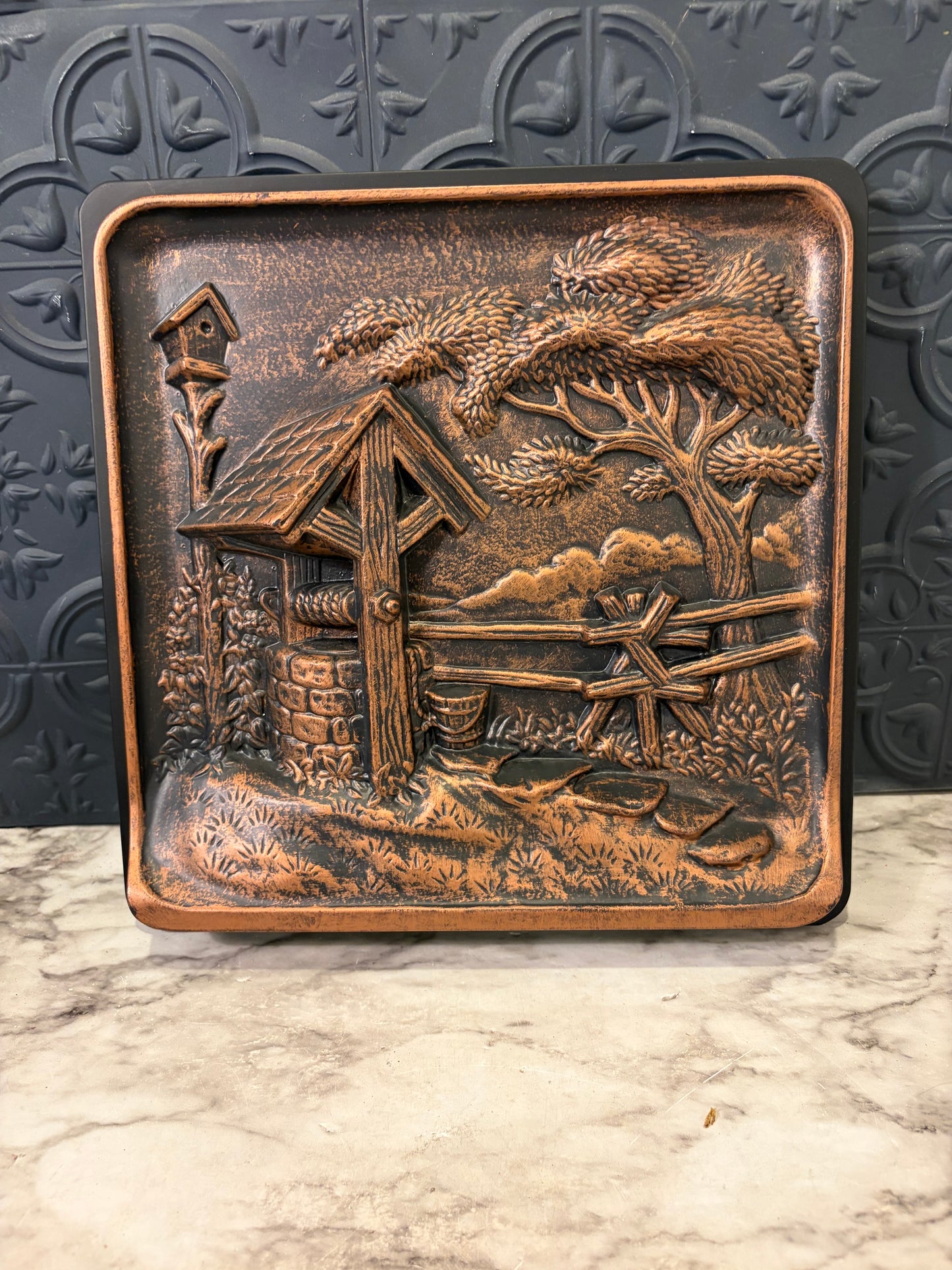 Vintage 3D Relief Wall Plaque with Well