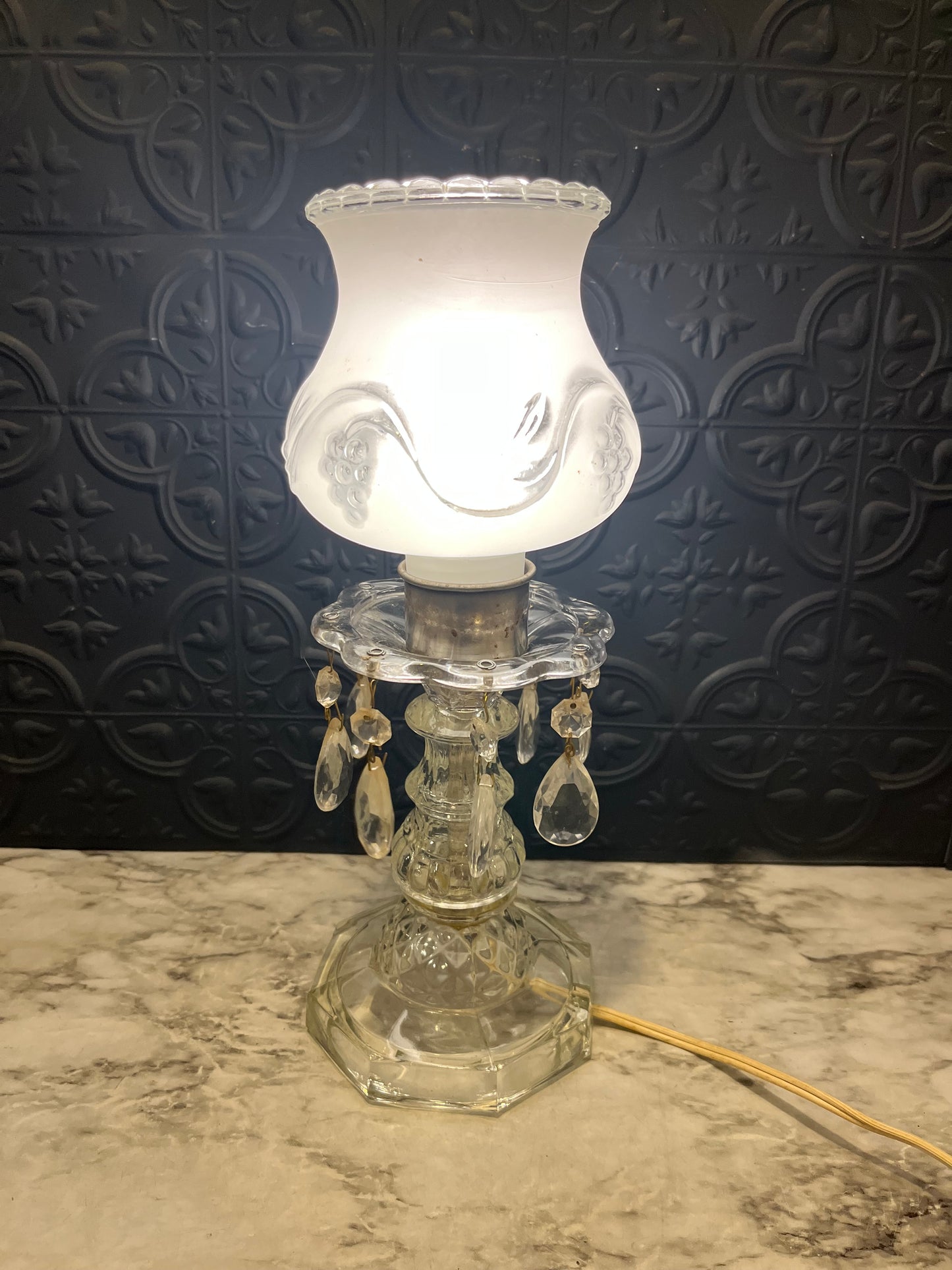 Antique Table Lamp with Hurricane and Crystals